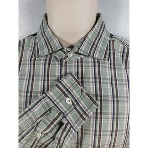 Isaia Mens 16/41 Long Sleeve Button Down Shirt Light Green Brown Plaid